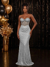 Strapless Sequin-Accented Mermaid Prom Dress with High Slit