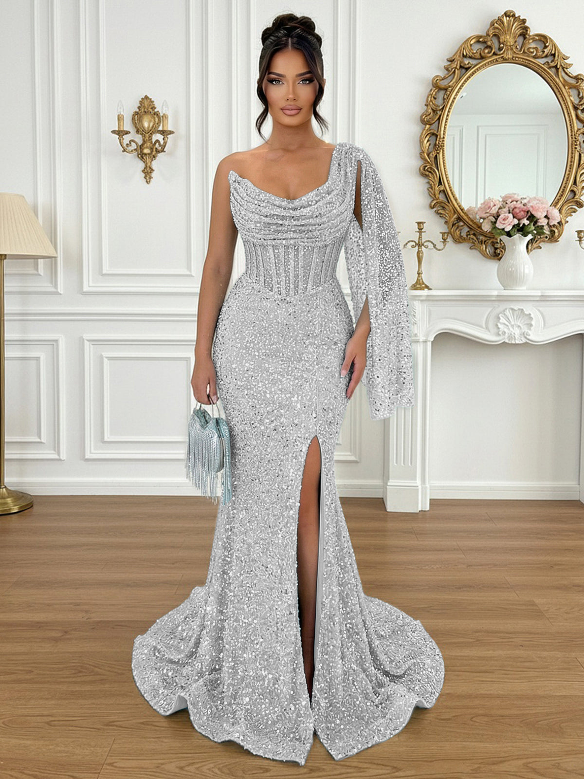 Glamorous Ice Blue One-Shoulder Sequin Corset Mermaid Prom Dresses with Slit