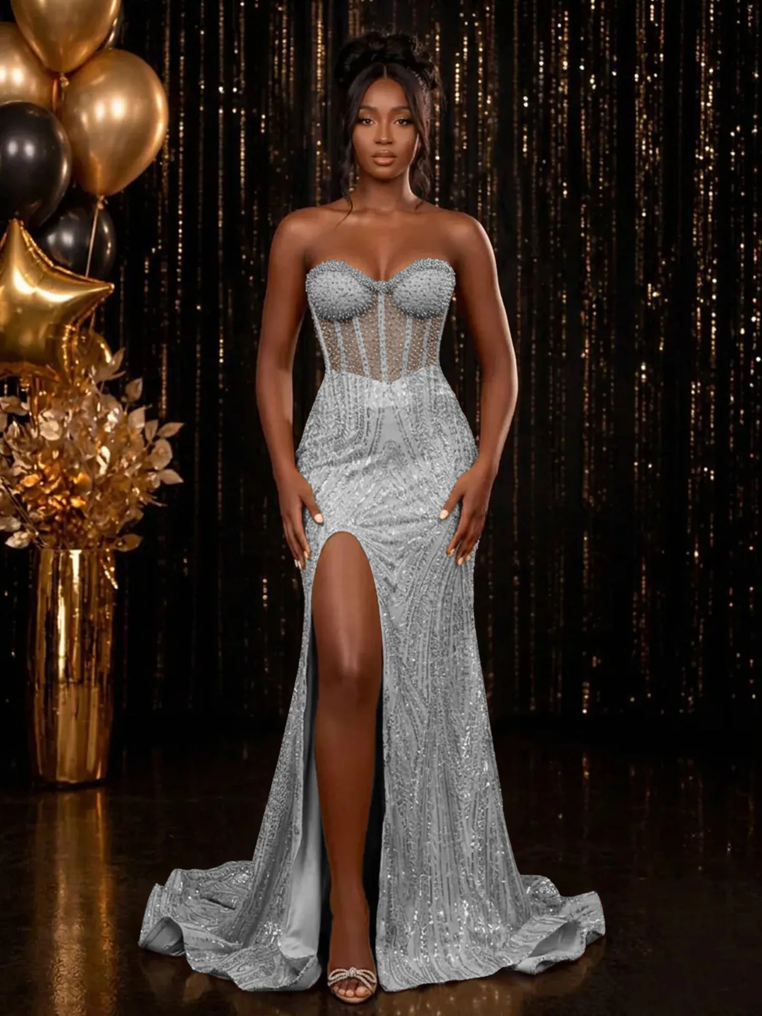 Strapless Sequin-Embellished Mermaid Prom Dress