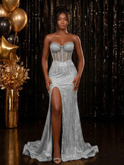 Strapless Sequin-Embellished Mermaid Prom Dress