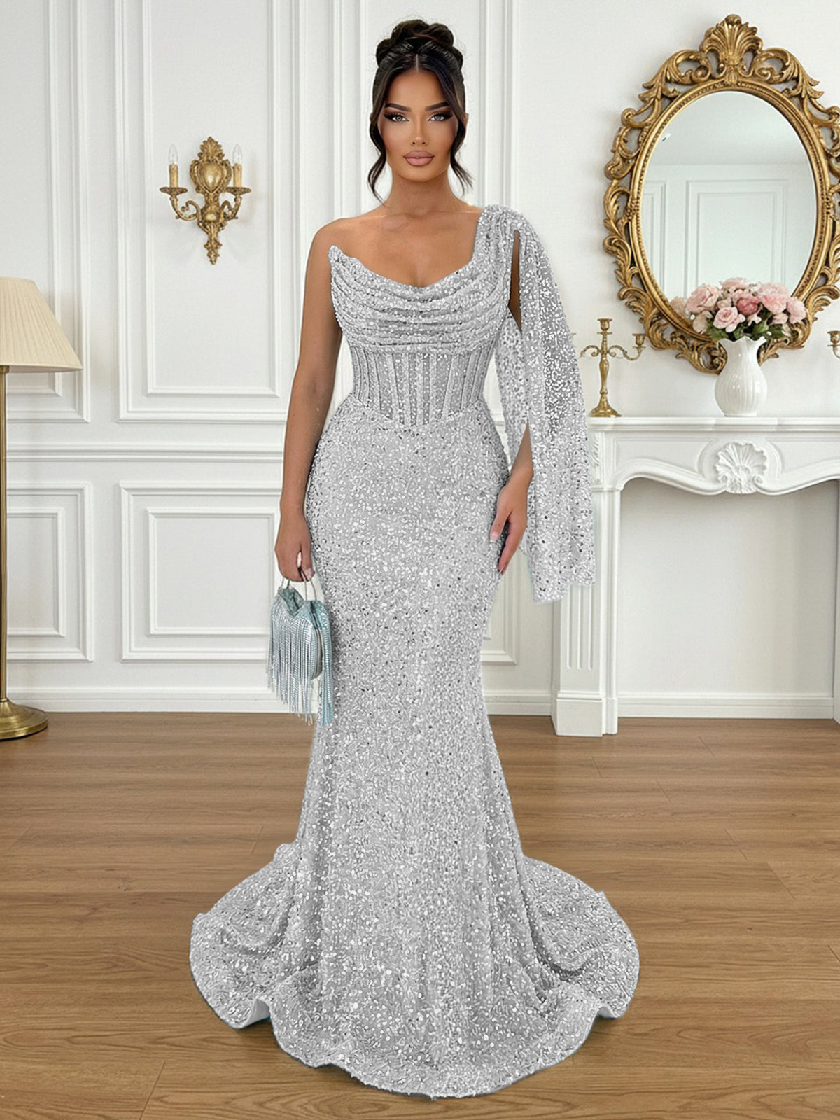 Glamorous Ice Blue One-Shoulder Sequin Corset Mermaid Prom Dresses
