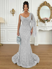 Glamorous Ice Blue One-Shoulder Sequin Corset Mermaid Prom Dresses