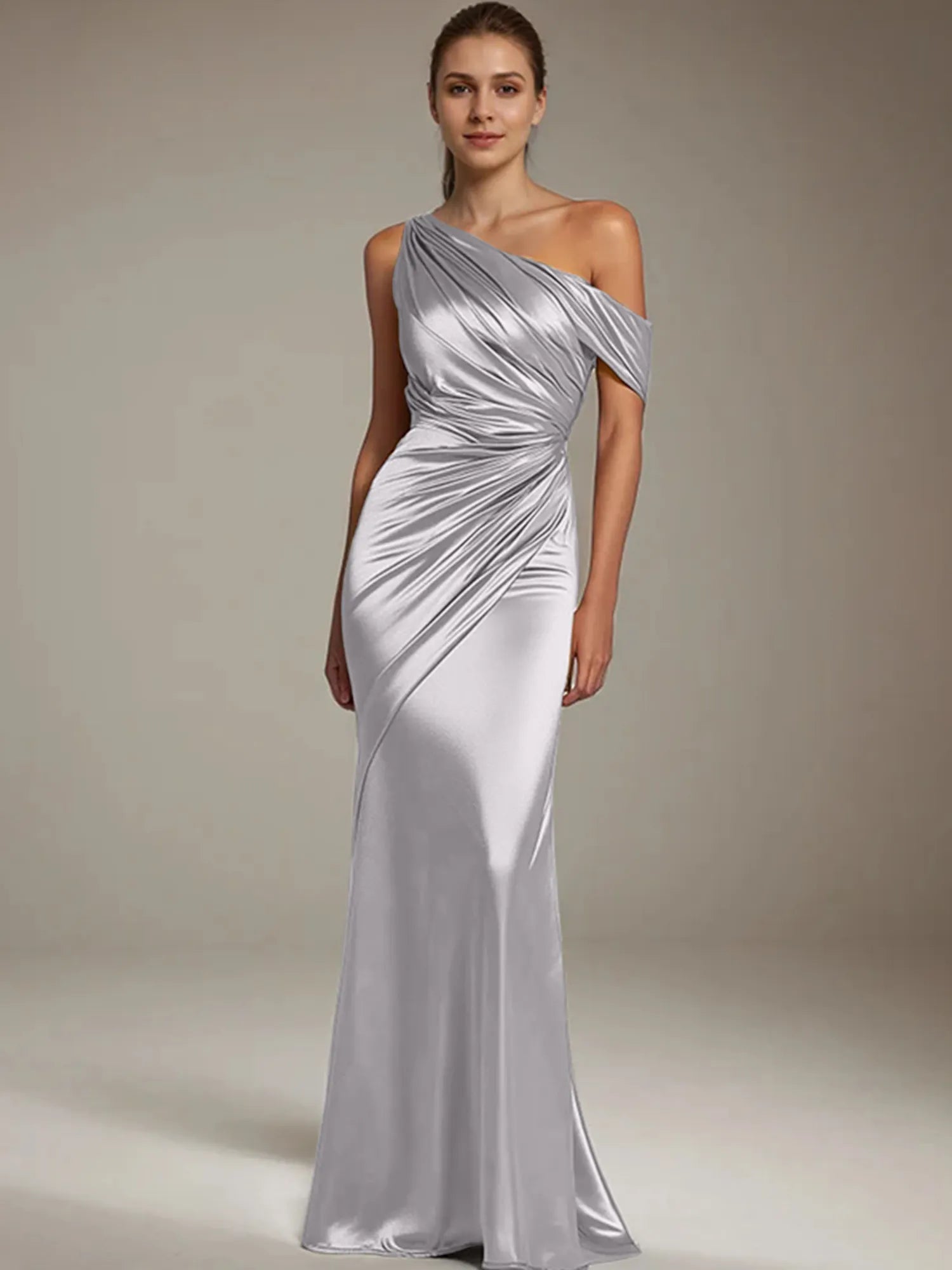 Formal Party Satin Dress Silver One-Shoulder Pleated  Floor-Length Dress