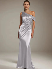 Formal Party Satin Dress Silver One-Shoulder Pleated  Floor-Length Dress