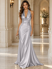 Elegant and Luxurious Cowl-neck Champagne Gold Satin Maxi Dress