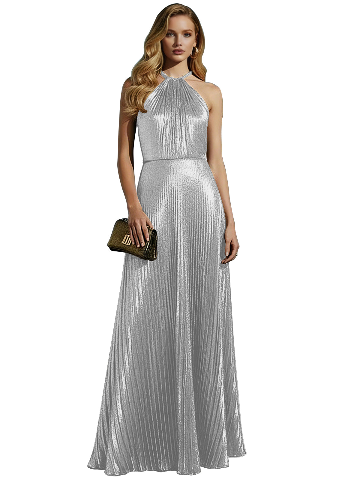 Luxurious Champagne-Gold Pleated Halter Long Prom Dress