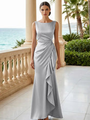 Dusty Blue Scoop Neck Evening Dress with Ruffle Mermaid Maxi Dress