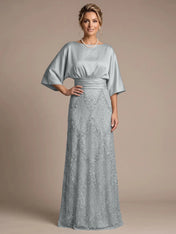 Bateau Neck Satin Evening Gown with 3/4 Batwing Sleeves Mother of The Bride Dresses