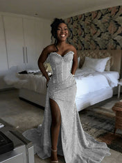 Glitter Strapless Mermaid Sequined Long Prom Dress with Slit