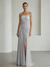 Glamorous Formal Evening Dress Soft Blush Beaded Strapless Slit Gown