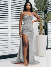 Glitter Orange Strapless Mermaid Sequined Long Prom Dress with Slit