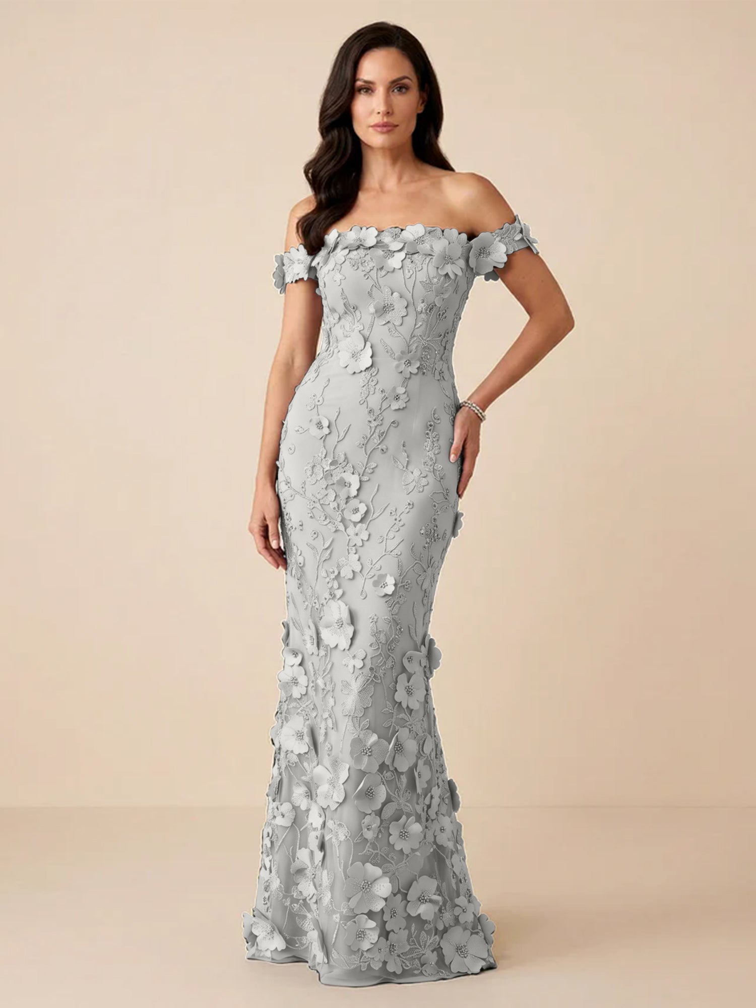 Black Off-the-Shoulder 3D Floral Mermaid Formal Gown Evening Dress