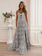 A Line Strapless Sweetheart Satin Prom Dress with Keyhole