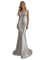 Blue Mermaid Spaghetti Straps V-Neck Rhinestone Long Prom Dress