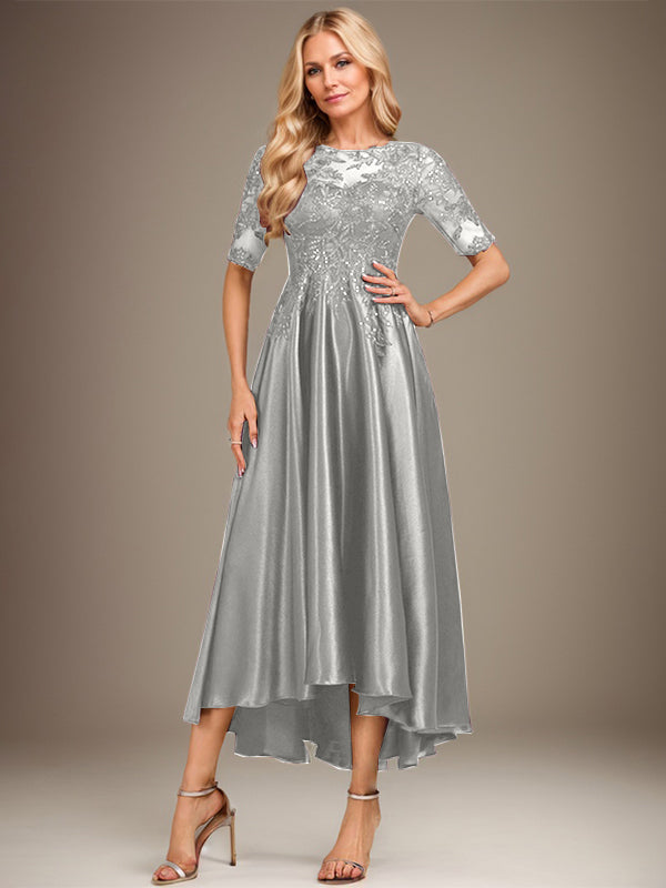 A-line Scoop Illusion Asymmetrical Stretch Satin Lace Mother of the Bride Dress With Sequins