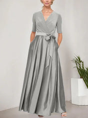 Surplice Neckline Ballgown with Full Satin Skirt & Jersey Bodice