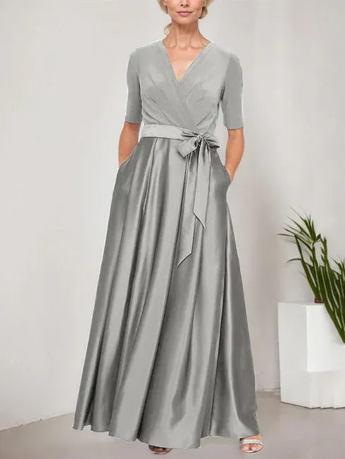 Surplice Neckline Ballgown with Full Satin Skirt & Jersey Bodice
