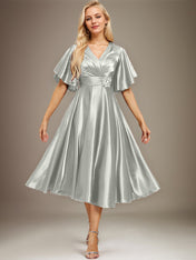 A-line V-Neck Tea-Length Stretch Satin Mother of the Bride Dress With Beading Pleated
