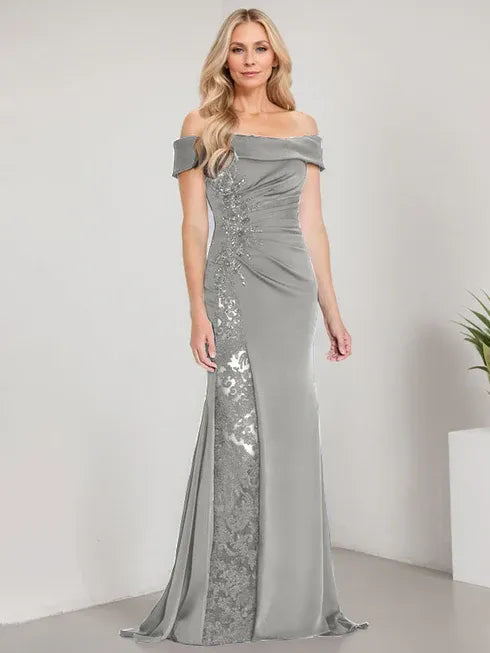A-Line Off the Shoulder Floor-Length Mother of the Bride Dress Applique Beadings Mermaid Dress With  High Split