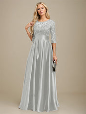 A-line Scoop Illusion Floor-Length Stretch Satin Lace Mother of the Bride Dress With Bow Sequins