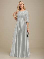 A-line Scoop Illusion Floor-Length Stretch Satin Lace Mother of the Bride Dress With Bow Sequins