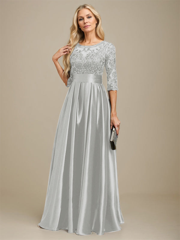 A-line Scoop Illusion Floor-Length Stretch Satin Lace Mother of the Bride Dress With Bow Sequins