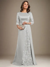 A-Line Scoop Floor-Length Lace Satin Mother Of the Bride Dress With Applique