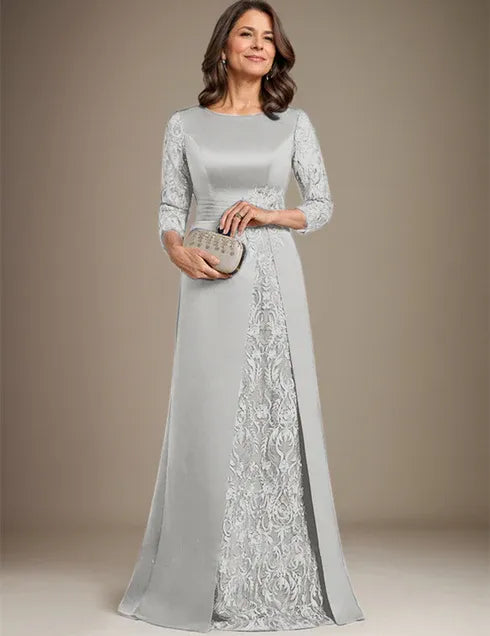 Robe de mère de la mariée en satin et dentelle, coupe trapèze, longueur au sol, avec appliques 