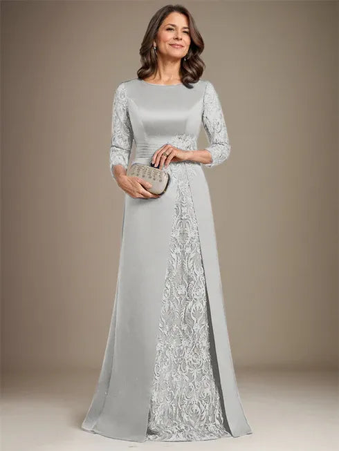 A-Line Scoop Floor-Length Lace Satin Mother Of the Bride Dress With Applique