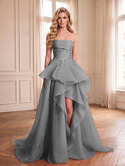 Formal Evening Tiered Dress Pink Strapless Maxi Gown