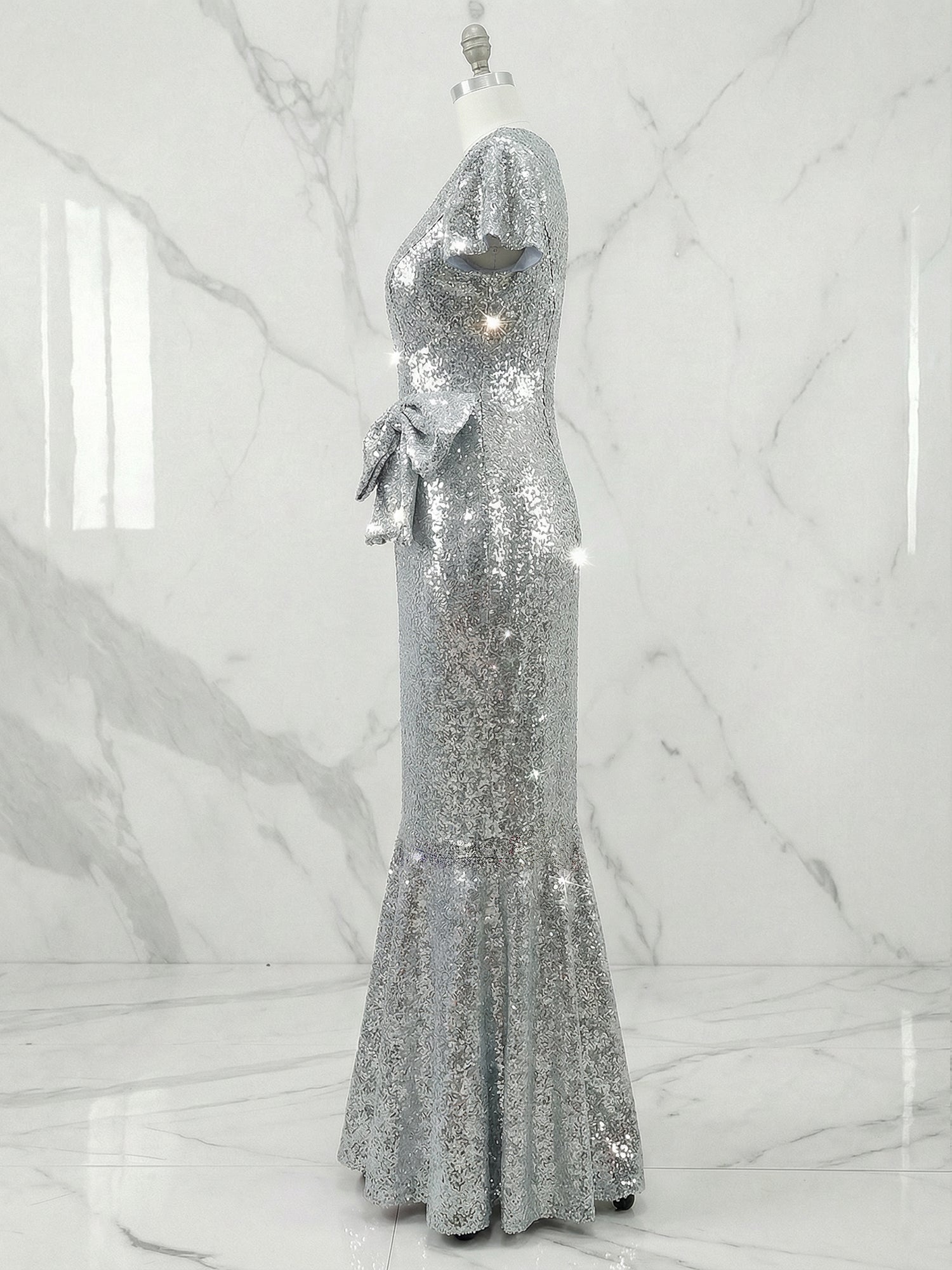 Silver Evening Formal Dress Mermaid Crew Neck Sequin Maxi Dress Gown with Bowknot