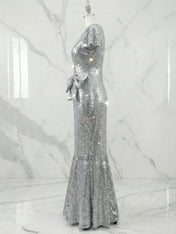 Silver Evening Formal Dress Mermaid Crew Neck Sequin Maxi Dress Gown with Bowknot