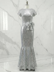 Silver Evening Formal Dress Mermaid Crew Neck Sequin Maxi Dress Gown with Bowknot