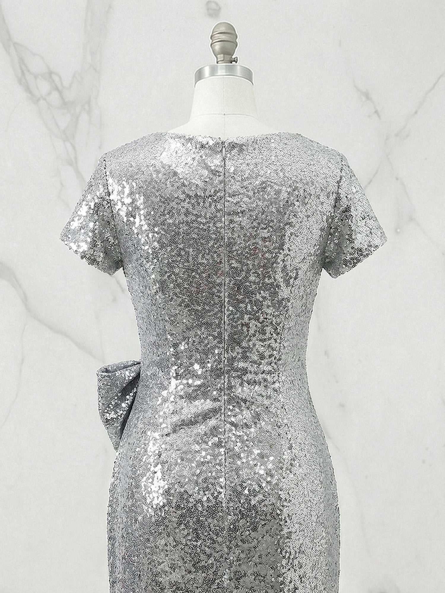 Silver Evening Formal Dress Mermaid Crew Neck Sequin Maxi Dress Gown with Bowknot