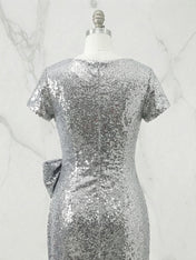 Silver Evening Formal Dress Mermaid Crew Neck Sequin Maxi Dress Gown with Bowknot