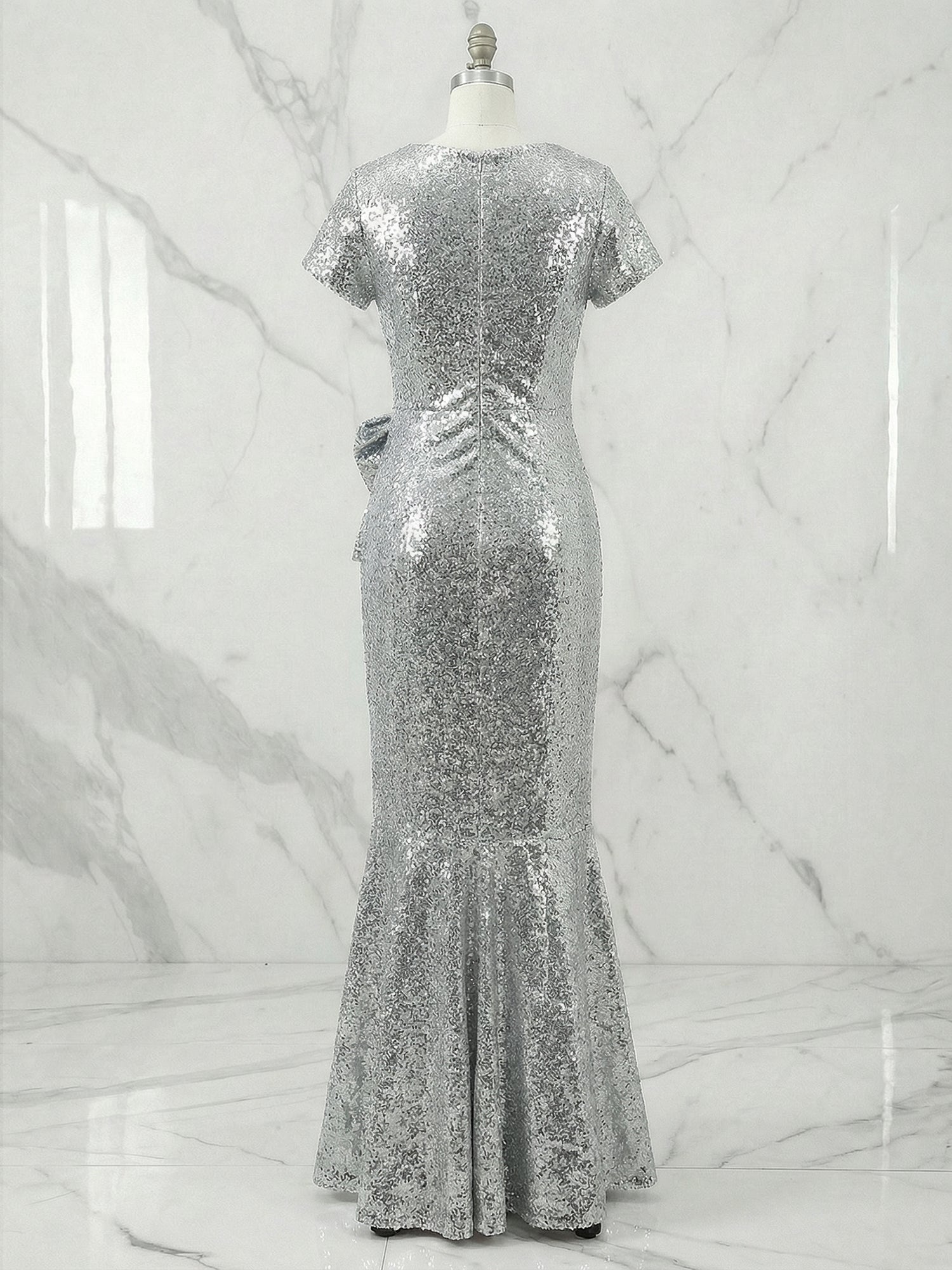 Silver Evening Formal Dress Mermaid Crew Neck Sequin Maxi Dress Gown with Bowknot