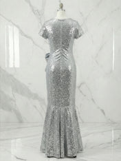 Silver Evening Formal Dress Mermaid Crew Neck Sequin Maxi Dress Gown with Bowknot