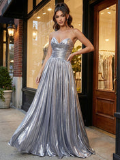 Silver Metallic Pleated Strapless A-Line Prom Dress