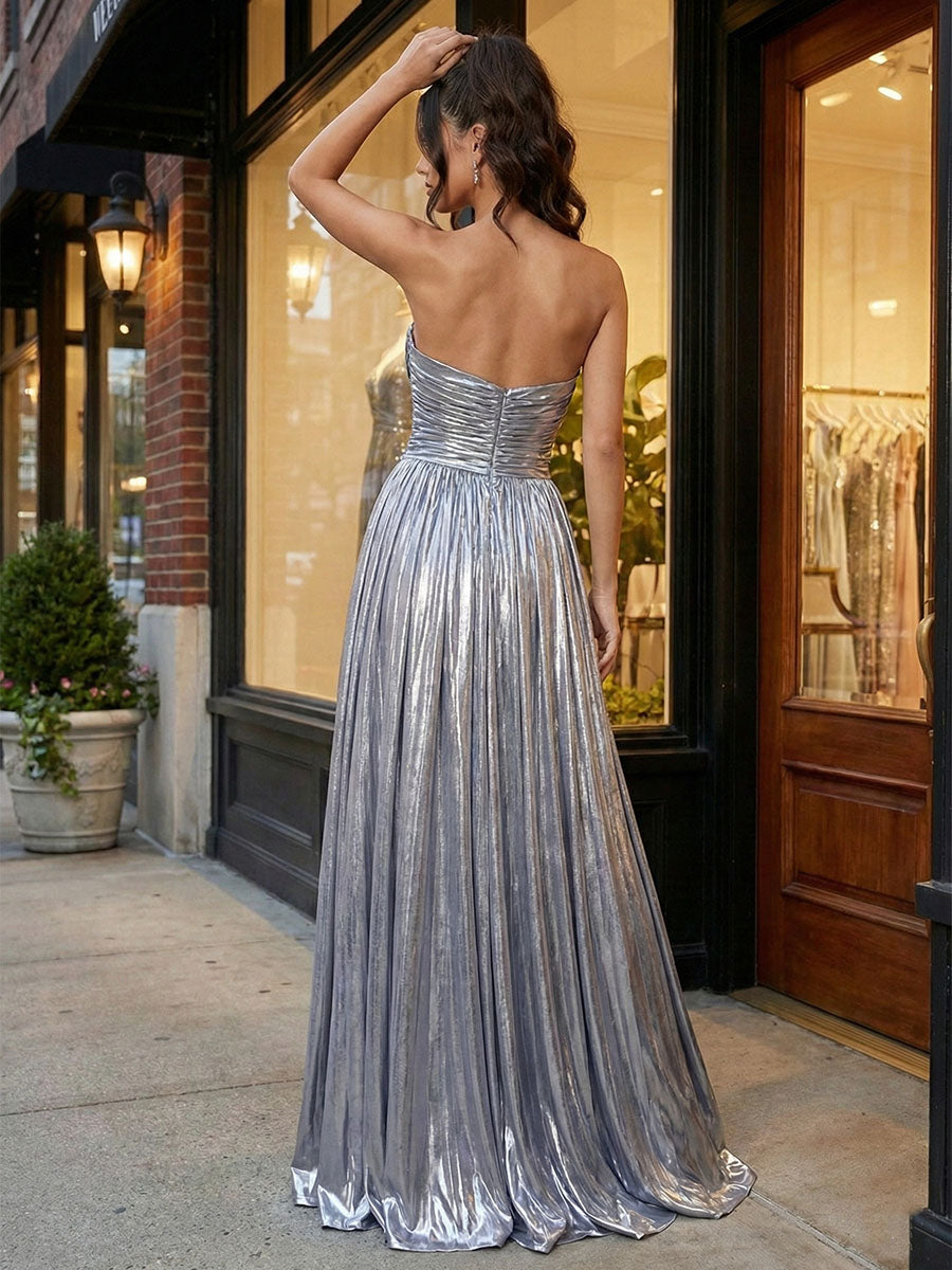 Silver Metallic Pleated Strapless A-Line Prom Dress