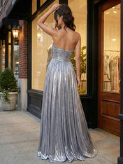 Silver Metallic Pleated Strapless A-Line Prom Dress