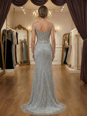 Silver Multi-Strand Straps Beaded Corset Prom Dress with Slit