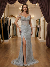 Silver Multi-Strand Straps Beaded Corset Prom Dress with Slit
