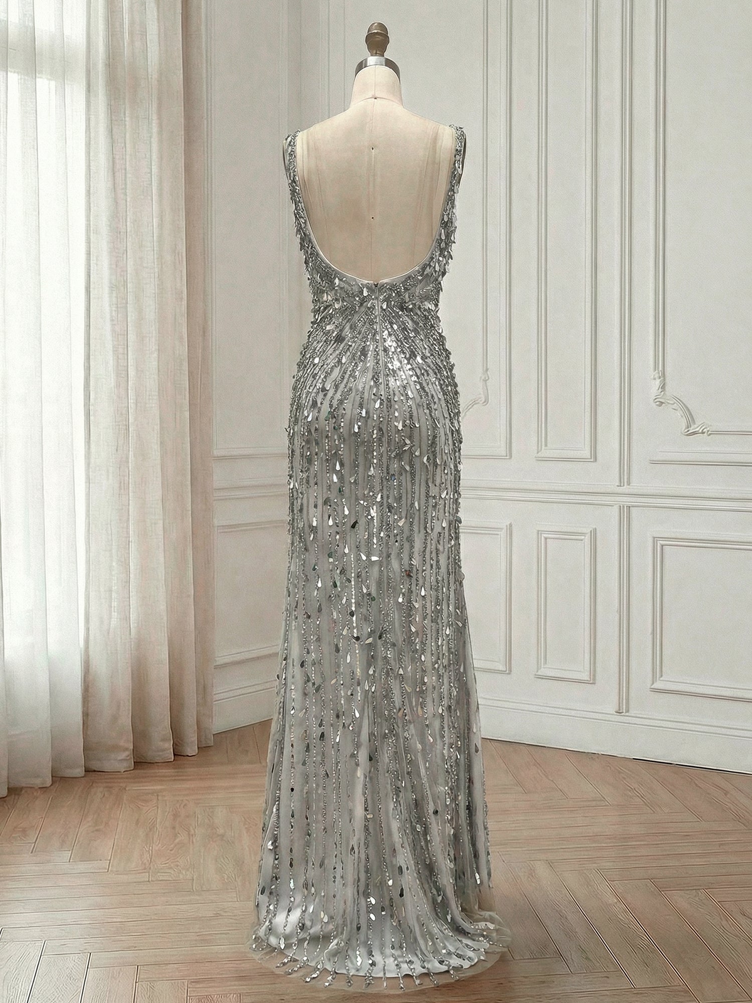 Silver Paillette Sequin V-Neck Long Prom Dress with Slit