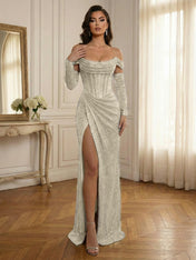 Silver Sequin Off-the-Shoulder Long Sleeves Corset Prom Dress with Slit