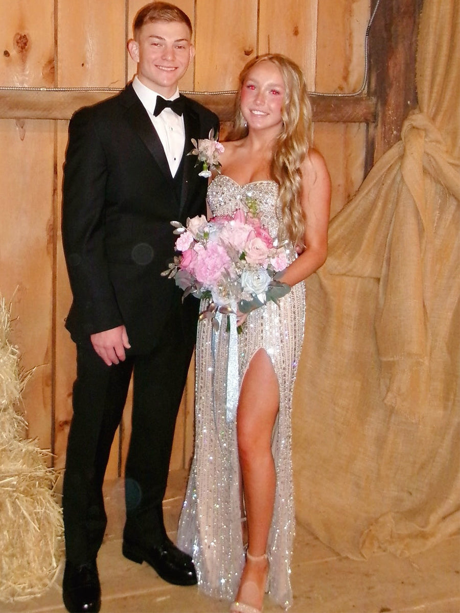 Silver Sequin Strapless Long Prom Dress with Slit