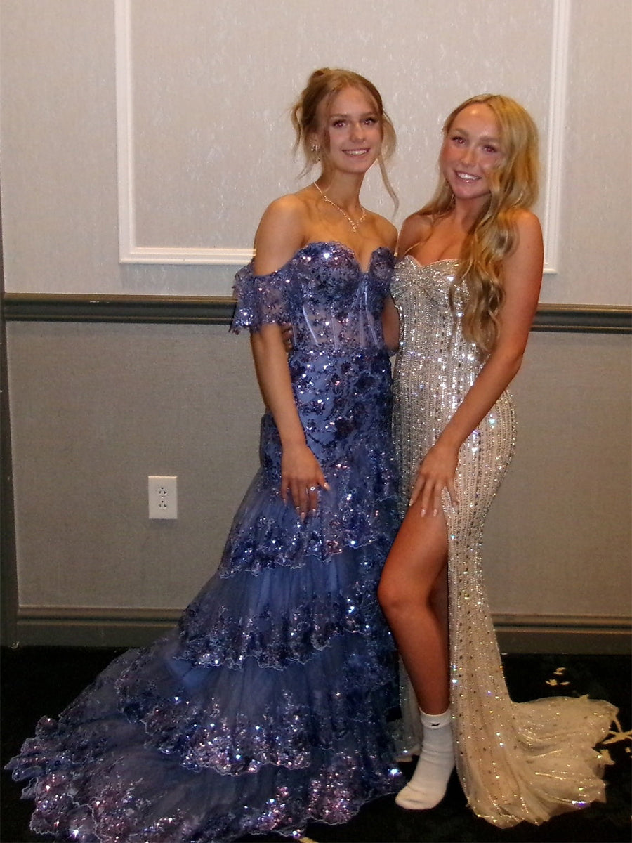 Silver Sequin Strapless Long Prom Dress with Slit