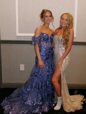 Silver Sequin Strapless Long Prom Dress with Slit