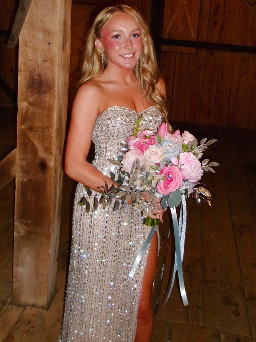 Silver Sequin Strapless Long Prom Dress with Slit