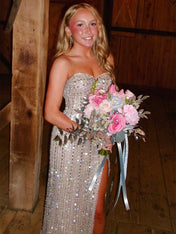 Silver Sequin Strapless Long Prom Dress with Slit