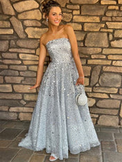 Silver Strapless A-Line All-Over Confetti Sequin Sparkle Prom Dress